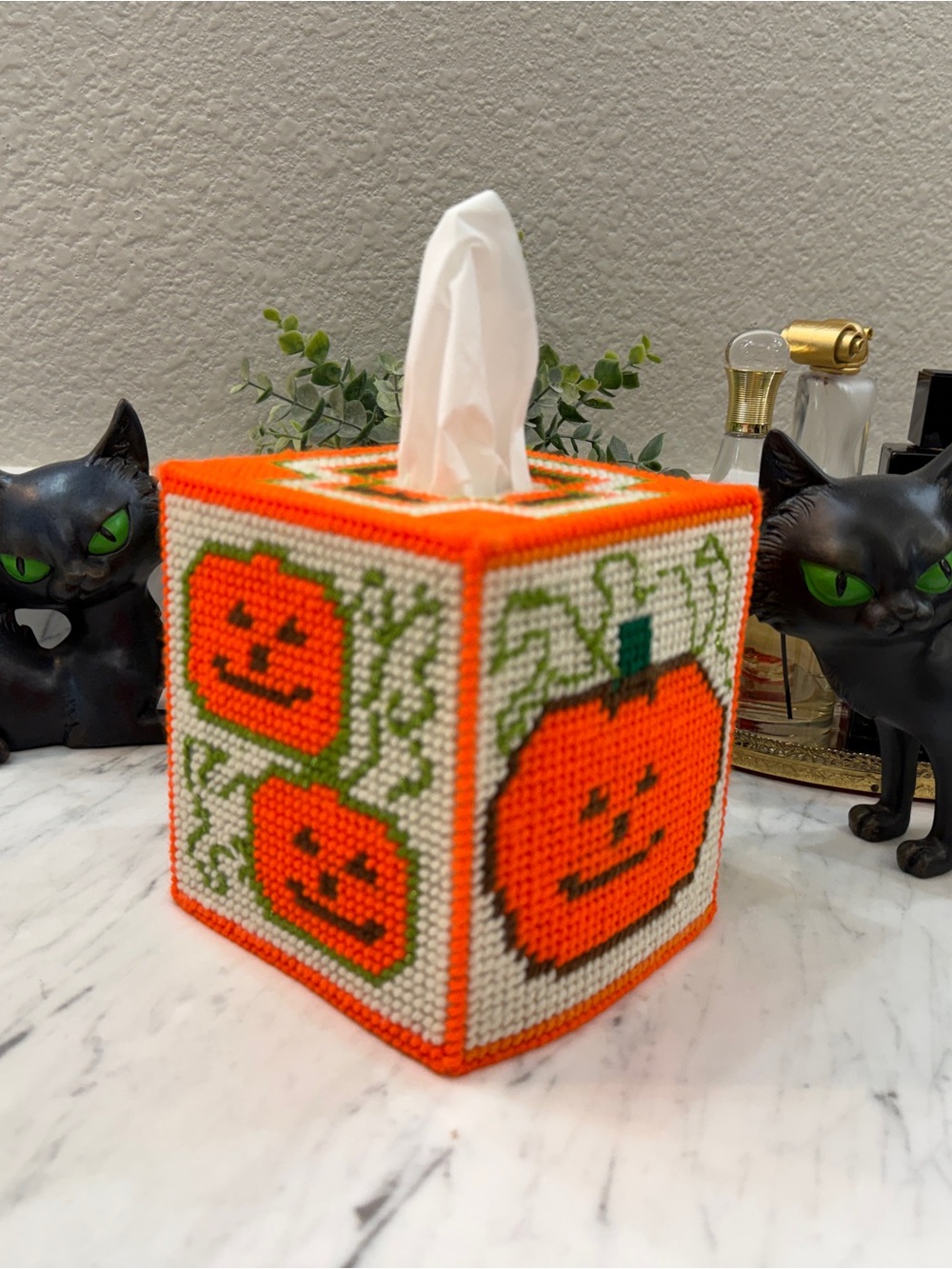 Vintage Handmade Pumpkin Cross Stitch Tissue Box Cover